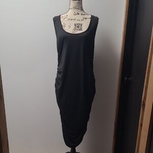 Black Triple Rouched V Backed Midi Tank Dress